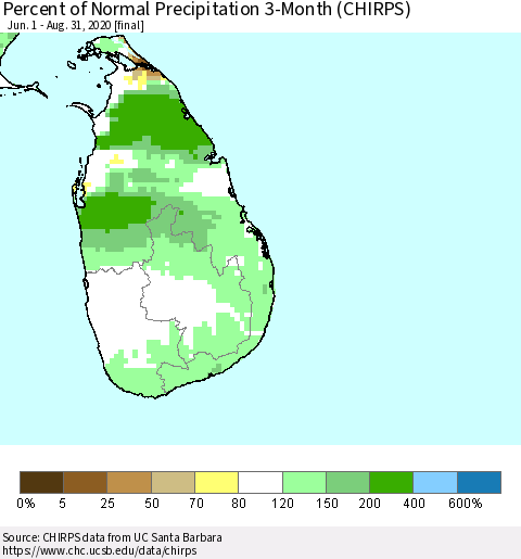 Sri Lanka Percent of Normal Precipitation 3-Month (CHIRPS) Thematic Map For 6/1/2020 - 8/31/2020