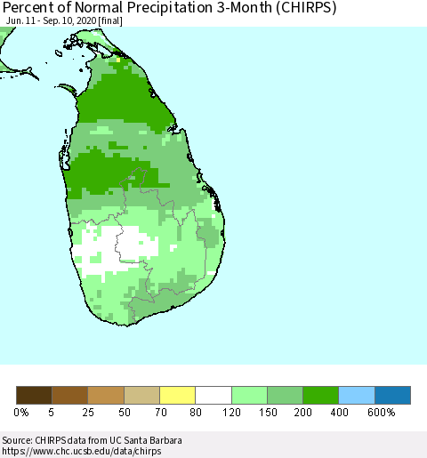 Sri Lanka Percent of Normal Precipitation 3-Month (CHIRPS) Thematic Map For 6/11/2020 - 9/10/2020