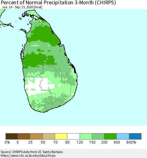 Sri Lanka Percent of Normal Precipitation 3-Month (CHIRPS) Thematic Map For 6/16/2020 - 9/15/2020