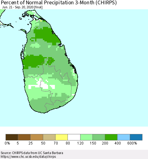 Sri Lanka Percent of Normal Precipitation 3-Month (CHIRPS) Thematic Map For 6/21/2020 - 9/20/2020