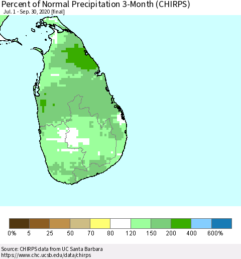 Sri Lanka Percent of Normal Precipitation 3-Month (CHIRPS) Thematic Map For 7/1/2020 - 9/30/2020