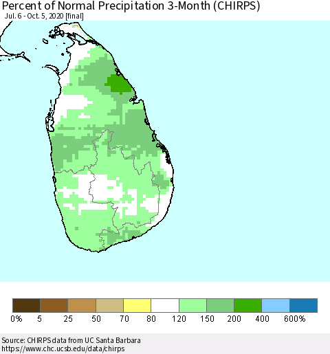 Sri Lanka Percent of Normal Precipitation 3-Month (CHIRPS) Thematic Map For 7/6/2020 - 10/5/2020