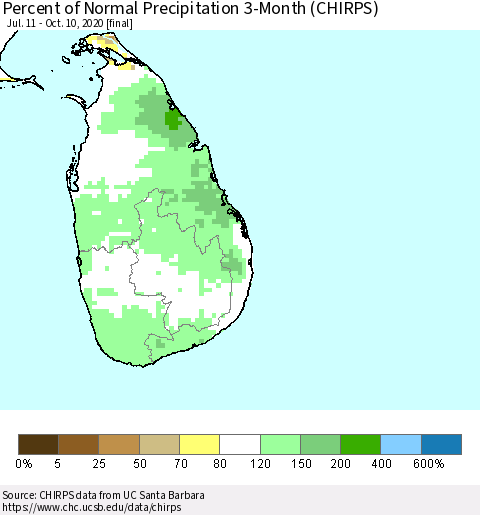 Sri Lanka Percent of Normal Precipitation 3-Month (CHIRPS) Thematic Map For 7/11/2020 - 10/10/2020