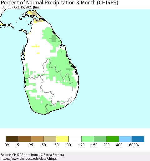 Sri Lanka Percent of Normal Precipitation 3-Month (CHIRPS) Thematic Map For 7/16/2020 - 10/15/2020