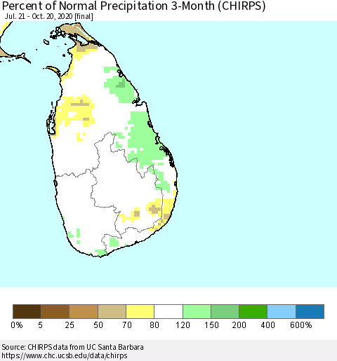 Sri Lanka Percent of Normal Precipitation 3-Month (CHIRPS) Thematic Map For 7/21/2020 - 10/20/2020