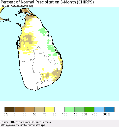Sri Lanka Percent of Normal Precipitation 3-Month (CHIRPS) Thematic Map For 7/26/2020 - 10/25/2020