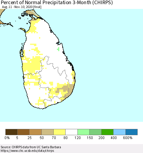 Sri Lanka Percent of Normal Precipitation 3-Month (CHIRPS) Thematic Map For 8/11/2020 - 11/10/2020
