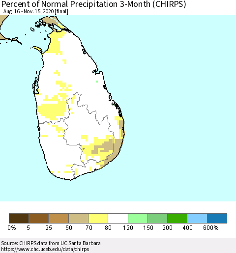 Sri Lanka Percent of Normal Precipitation 3-Month (CHIRPS) Thematic Map For 8/16/2020 - 11/15/2020
