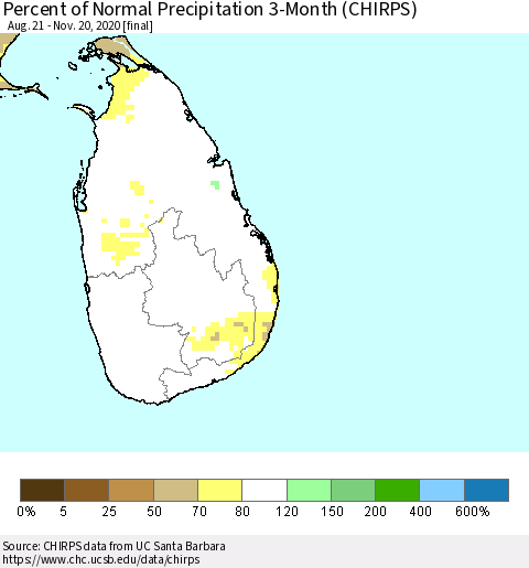 Sri Lanka Percent of Normal Precipitation 3-Month (CHIRPS) Thematic Map For 8/21/2020 - 11/20/2020