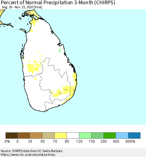 Sri Lanka Percent of Normal Precipitation 3-Month (CHIRPS) Thematic Map For 8/26/2020 - 11/25/2020