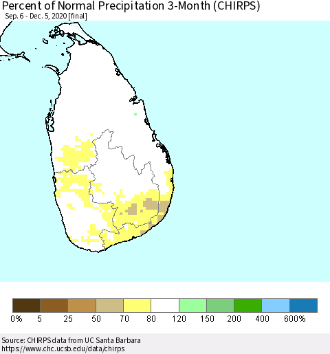 Sri Lanka Percent of Normal Precipitation 3-Month (CHIRPS) Thematic Map For 9/6/2020 - 12/5/2020