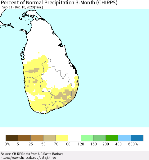 Sri Lanka Percent of Normal Precipitation 3-Month (CHIRPS) Thematic Map For 9/11/2020 - 12/10/2020