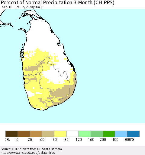 Sri Lanka Percent of Normal Precipitation 3-Month (CHIRPS) Thematic Map For 9/16/2020 - 12/15/2020