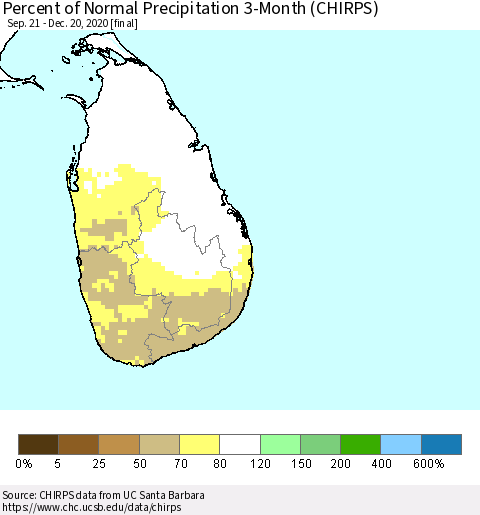 Sri Lanka Percent of Normal Precipitation 3-Month (CHIRPS) Thematic Map For 9/21/2020 - 12/20/2020