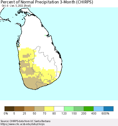 Sri Lanka Percent of Normal Precipitation 3-Month (CHIRPS) Thematic Map For 10/6/2020 - 1/5/2021