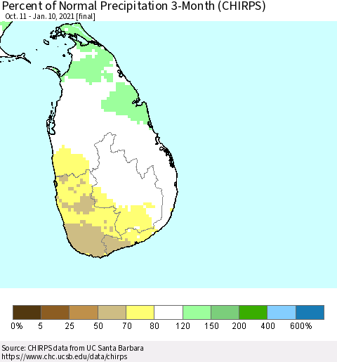 Sri Lanka Percent of Normal Precipitation 3-Month (CHIRPS) Thematic Map For 10/11/2020 - 1/10/2021