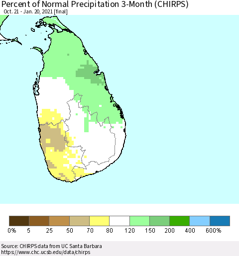 Sri Lanka Percent of Normal Precipitation 3-Month (CHIRPS) Thematic Map For 10/21/2020 - 1/20/2021