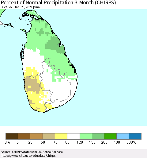 Sri Lanka Percent of Normal Precipitation 3-Month (CHIRPS) Thematic Map For 10/26/2020 - 1/25/2021