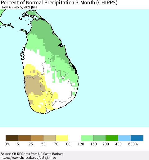 Sri Lanka Percent of Normal Precipitation 3-Month (CHIRPS) Thematic Map For 11/6/2020 - 2/5/2021