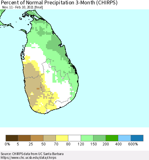Sri Lanka Percent of Normal Precipitation 3-Month (CHIRPS) Thematic Map For 11/11/2020 - 2/10/2021