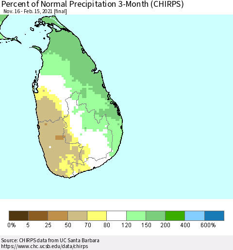 Sri Lanka Percent of Normal Precipitation 3-Month (CHIRPS) Thematic Map For 11/16/2020 - 2/15/2021