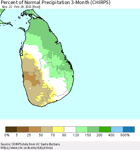 Sri Lanka Percent of Normal Precipitation 3-Month (CHIRPS) Thematic Map For 11/21/2020 - 2/20/2021