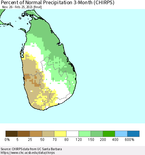 Sri Lanka Percent of Normal Precipitation 3-Month (CHIRPS) Thematic Map For 11/26/2020 - 2/25/2021