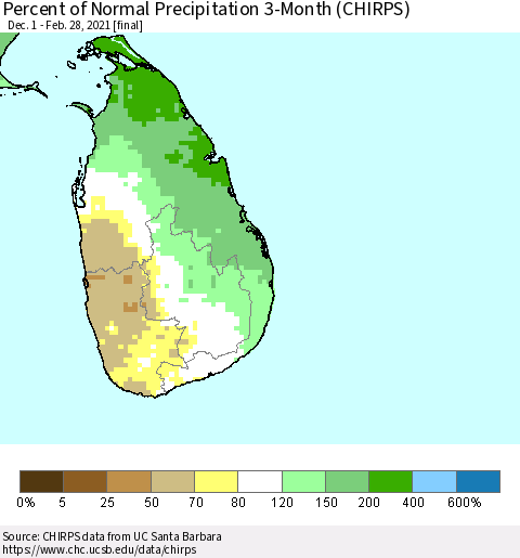 Sri Lanka Percent of Normal Precipitation 3-Month (CHIRPS) Thematic Map For 12/1/2020 - 2/28/2021