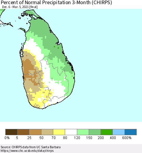 Sri Lanka Percent of Normal Precipitation 3-Month (CHIRPS) Thematic Map For 12/6/2020 - 3/5/2021