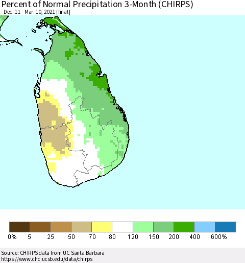 Sri Lanka Percent of Normal Precipitation 3-Month (CHIRPS) Thematic Map For 12/11/2020 - 3/10/2021