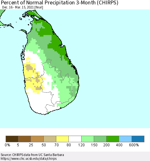 Sri Lanka Percent of Normal Precipitation 3-Month (CHIRPS) Thematic Map For 12/16/2020 - 3/15/2021