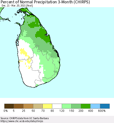 Sri Lanka Percent of Normal Precipitation 3-Month (CHIRPS) Thematic Map For 12/21/2020 - 3/20/2021