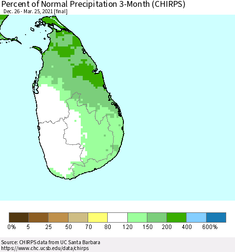 Sri Lanka Percent of Normal Precipitation 3-Month (CHIRPS) Thematic Map For 12/26/2020 - 3/25/2021