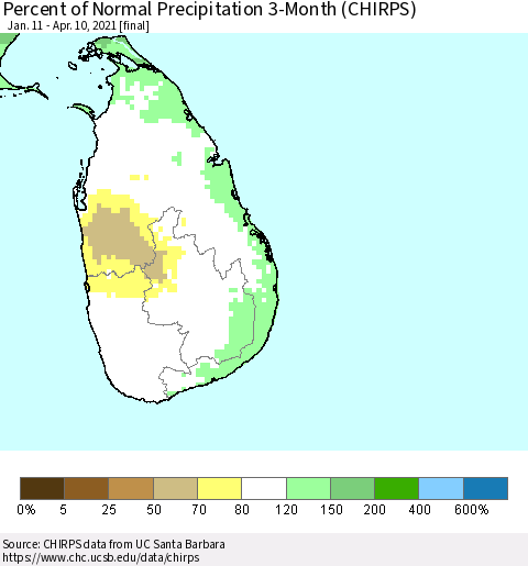 Sri Lanka Percent of Normal Precipitation 3-Month (CHIRPS) Thematic Map For 1/11/2021 - 4/10/2021