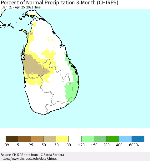 Sri Lanka Percent of Normal Precipitation 3-Month (CHIRPS) Thematic Map For 1/26/2021 - 4/25/2021