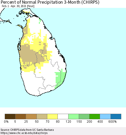 Sri Lanka Percent of Normal Precipitation 3-Month (CHIRPS) Thematic Map For 2/1/2021 - 4/30/2021