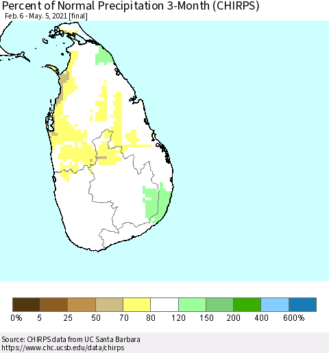 Sri Lanka Percent of Normal Precipitation 3-Month (CHIRPS) Thematic Map For 2/6/2021 - 5/5/2021