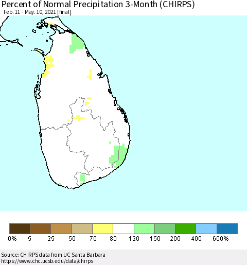 Sri Lanka Percent of Normal Precipitation 3-Month (CHIRPS) Thematic Map For 2/11/2021 - 5/10/2021