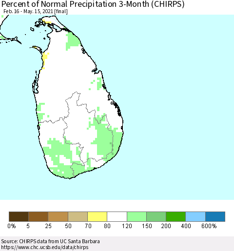 Sri Lanka Percent of Normal Precipitation 3-Month (CHIRPS) Thematic Map For 2/16/2021 - 5/15/2021