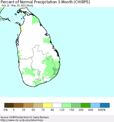 Sri Lanka Percent of Normal Precipitation 3-Month (CHIRPS) Thematic Map For 2/21/2021 - 5/20/2021