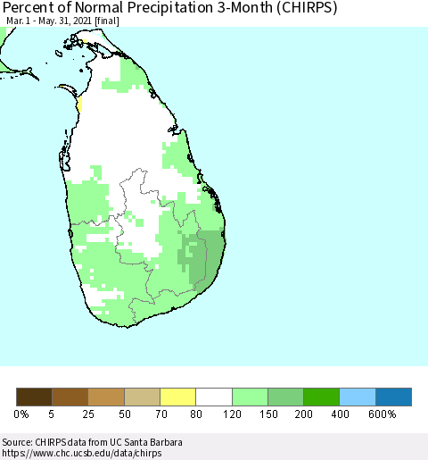 Sri Lanka Percent of Normal Precipitation 3-Month (CHIRPS) Thematic Map For 3/1/2021 - 5/31/2021