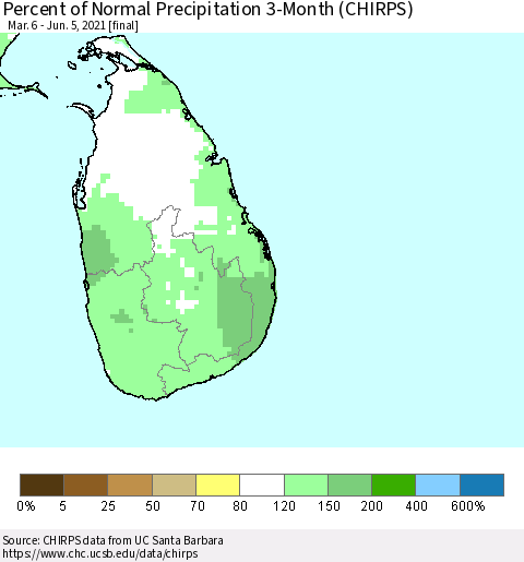 Sri Lanka Percent of Normal Precipitation 3-Month (CHIRPS) Thematic Map For 3/6/2021 - 6/5/2021