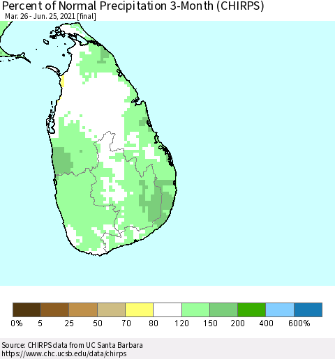 Sri Lanka Percent of Normal Precipitation 3-Month (CHIRPS) Thematic Map For 3/26/2021 - 6/25/2021