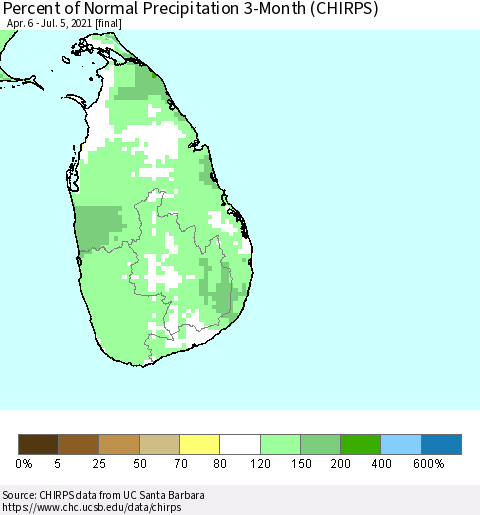 Sri Lanka Percent of Normal Precipitation 3-Month (CHIRPS) Thematic Map For 4/6/2021 - 7/5/2021