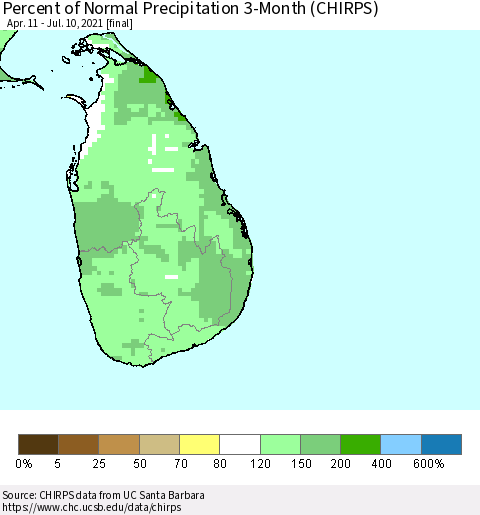 Sri Lanka Percent of Normal Precipitation 3-Month (CHIRPS) Thematic Map For 4/11/2021 - 7/10/2021