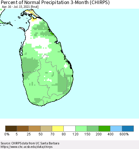 Sri Lanka Percent of Normal Precipitation 3-Month (CHIRPS) Thematic Map For 4/16/2021 - 7/15/2021