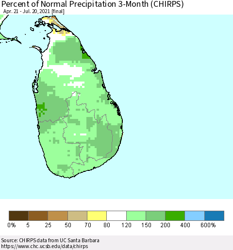 Sri Lanka Percent of Normal Precipitation 3-Month (CHIRPS) Thematic Map For 4/21/2021 - 7/20/2021