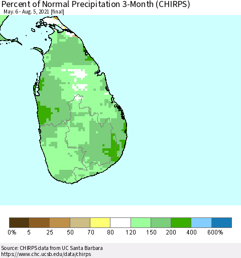 Sri Lanka Percent of Normal Precipitation 3-Month (CHIRPS) Thematic Map For 5/6/2021 - 8/5/2021