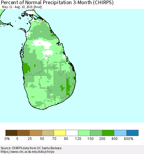 Sri Lanka Percent of Normal Precipitation 3-Month (CHIRPS) Thematic Map For 5/11/2021 - 8/10/2021