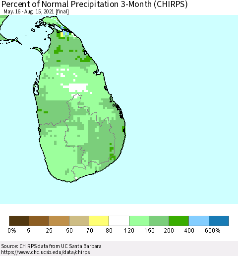 Sri Lanka Percent of Normal Precipitation 3-Month (CHIRPS) Thematic Map For 5/16/2021 - 8/15/2021